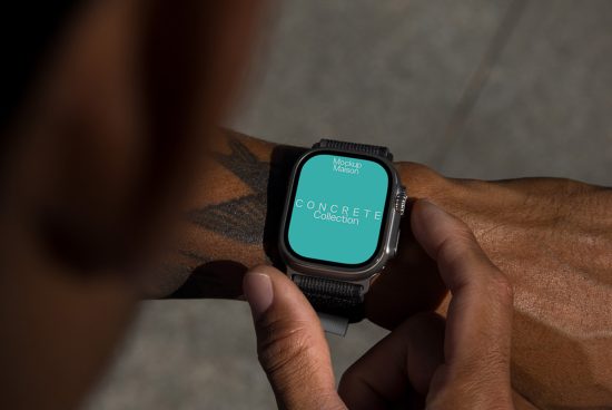 Smartwatch screen mockup on a wrist, displaying teal-colored digital design preview from Mockup Maison Concrete Collection.