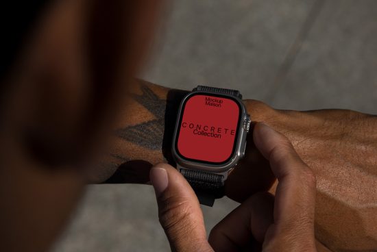 Person checking smartwatch screen mockup with text “Concrete Collection”, ideal for presenting design projects, watch mockups, wearable tech.