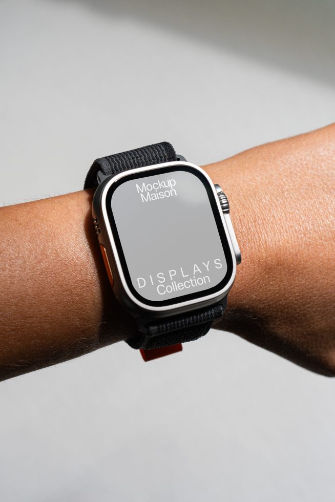 Modern smartwatch on wrist with customizable screen mockup design for wearable technology presentations, isolated on a light background.