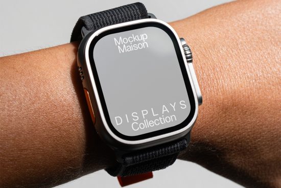 Smartwatch mockup on wrist showcasing customizable screen for design displays, ideal for templates and graphics design presentations.
