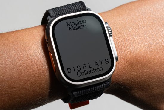 Smartwatch on wrist for design mockup, displaying screen ready for branding, part of Mockup Maison Displays Collection for designers.