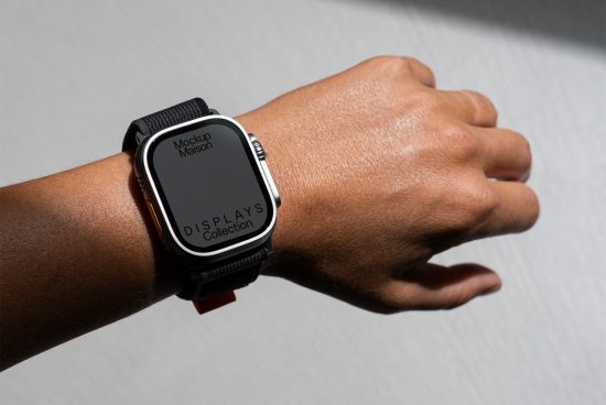 Smartwatch on wrist mockup in natural light, showcasing display interface design ideal for designers seeking wearable technology templates.