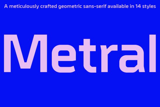 Geometric sans-serif font Metral display with 14 styles, modern typeface design mockup for branding and logo projects.