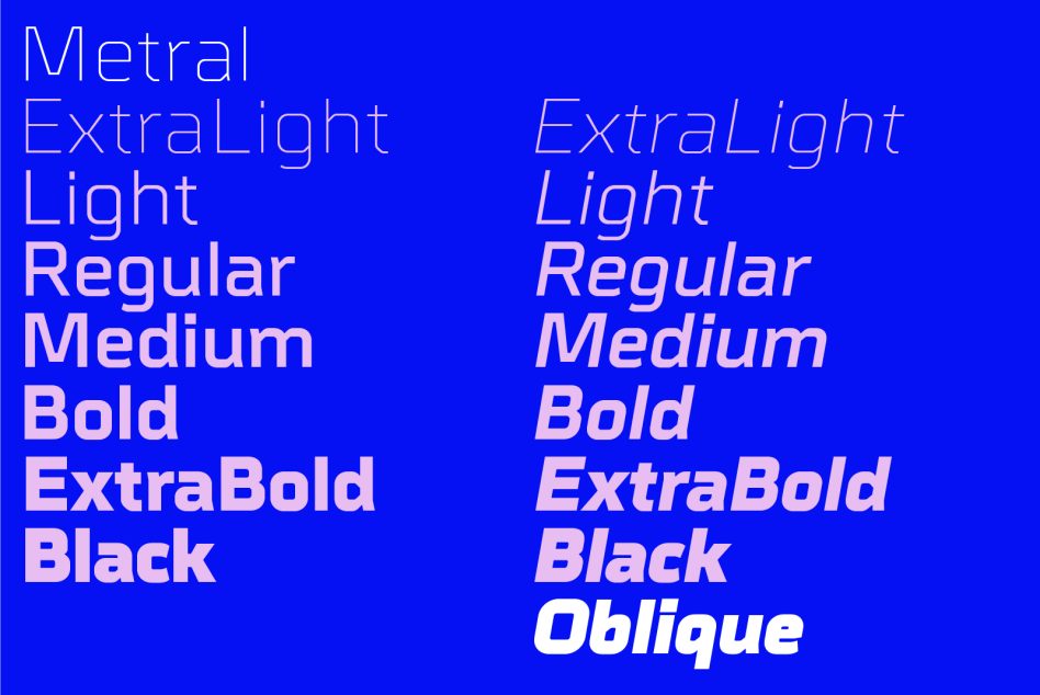 Font family display showcasing Metral typeface weights from ExtraLight to Black Oblique for design projects.