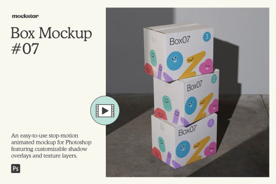 Stacked box mockup with playful design, customizable shadows for Photoshop templates, ideal asset for packaging designers.