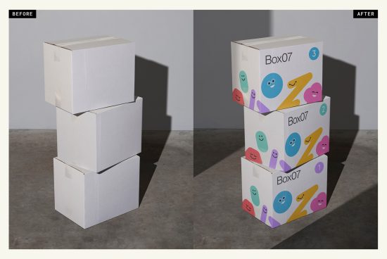 Packaging mockup comparison, plain cardboard boxes before and with colorful, playful design after, showcasing product branding transformation.