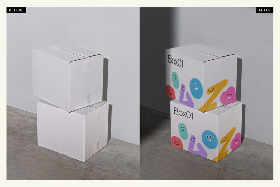Packaging mockup comparison before and after, blank boxes versus boxes with colorful character design, perfect for graphic design presentations.