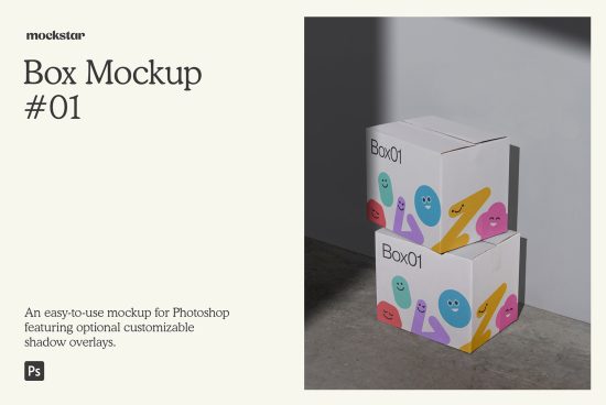 Box Mockup 01 by Mockstar, Photoshop-friendly packaging design with customizable shadows for product presentation.