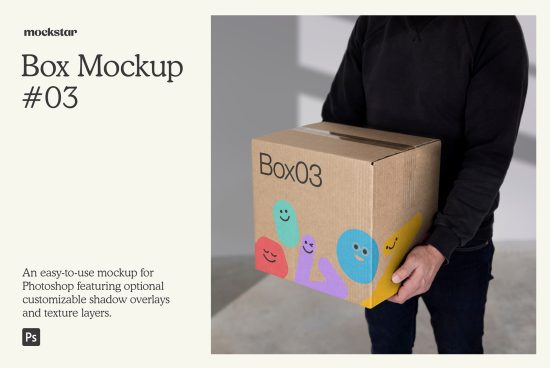 Person holding a box with playful design, Photoshop box mockup for packaging presentation, realistic shadow overlay, design asset.