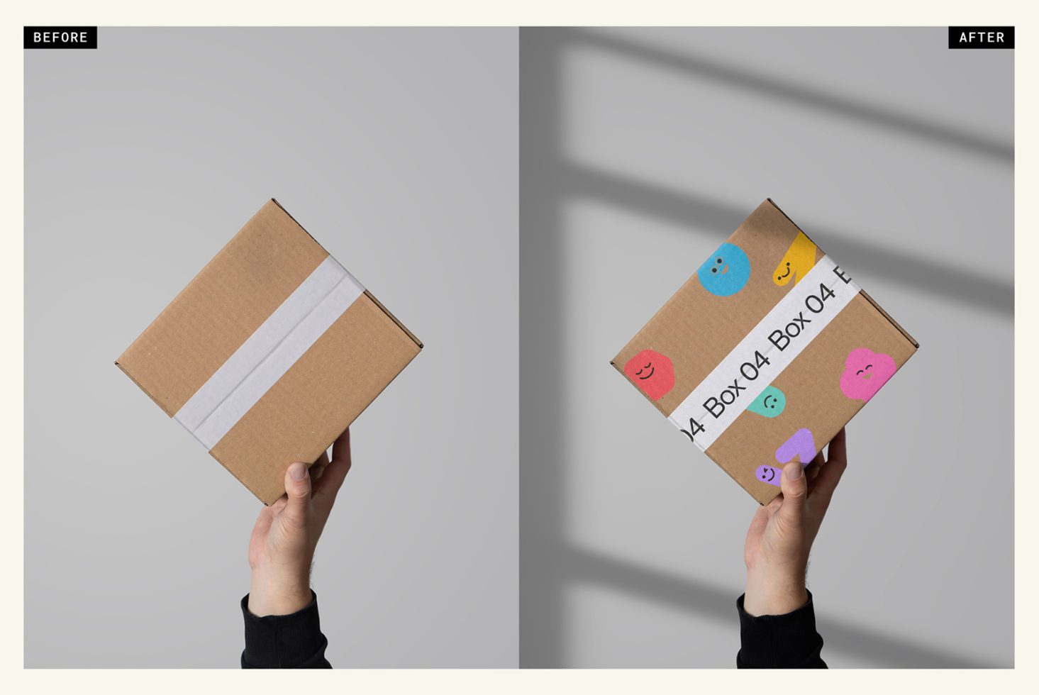 Before and after images showing a plain cardboard box mockup turning into a creatively designed package with colorful smiley face stickers.