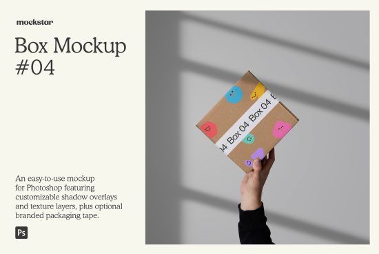 Hand holding a cardboard box mockup with colorful shapes, customizable for Photoshop, shadows, and texture layers visible for design asset marketplace.