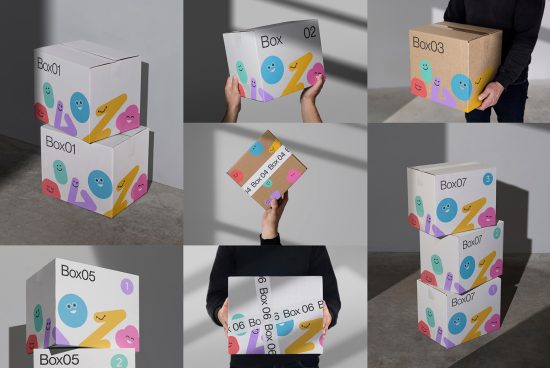 Collection of packaging box mockups with colorful abstract design, held and stacked, showcasing different angles and perspectives for designers.