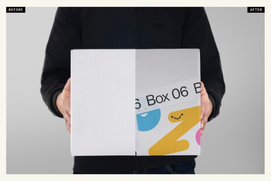 Person holding a box with before and after design comparison, showcasing packaging mockup for product presentation.