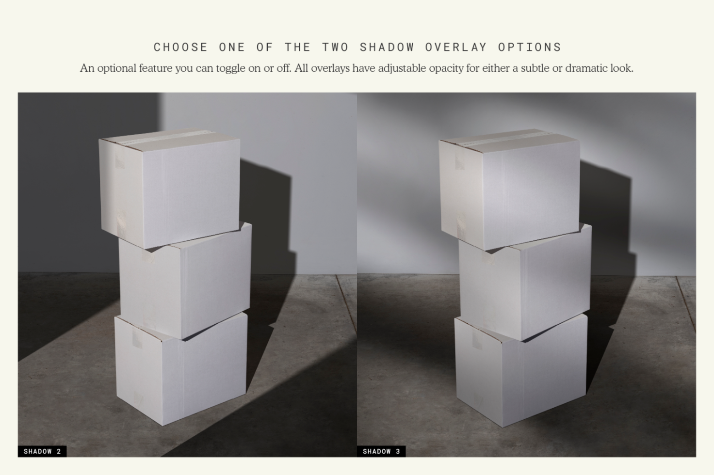 Stacked boxes mockup with shadow overlay options, ideal for packaging design presentations to showcase branding for designers.