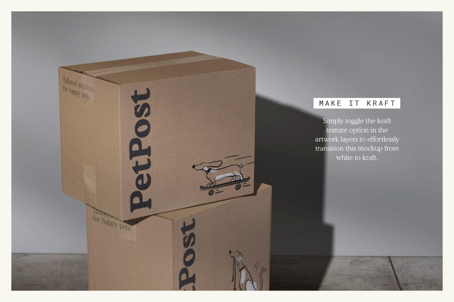 Cardboard box packaging mockup with customizable design, ideal for shipping branding presentations, set in a studio lighting environment.