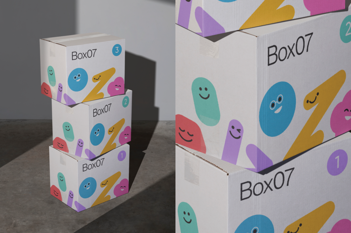 Stacked packaging boxes with colorful smiling character designs in a mockup, shadow play, product display for graphic design.