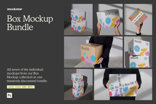 Bundle of seven box mockups with playful graphics, held by person in various poses, for packaging design, in a discounted mockup collection.