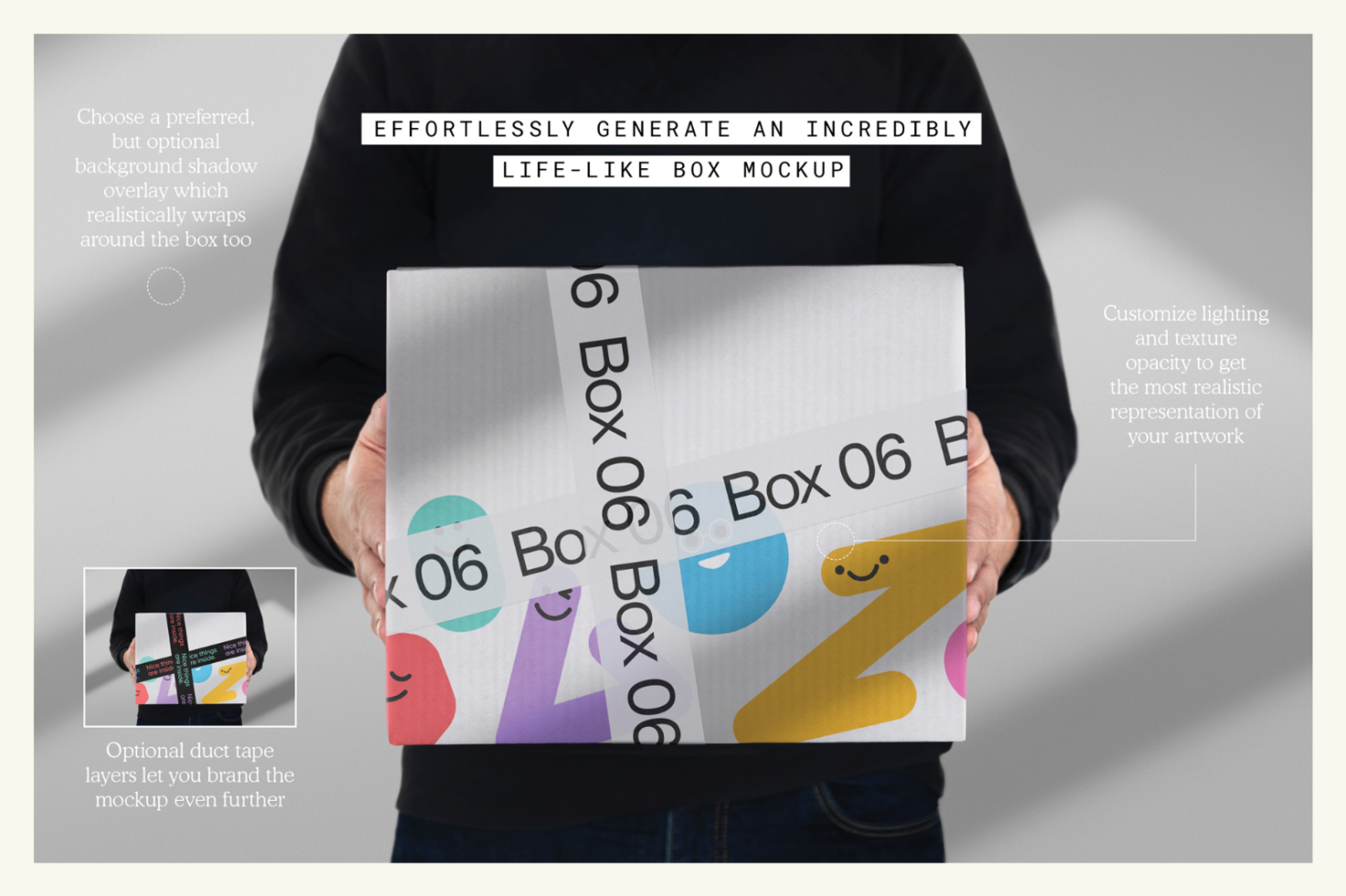 Person holding a customizable box mockup with colorful design elements, suitable for product packaging presentation for designers and marketers.