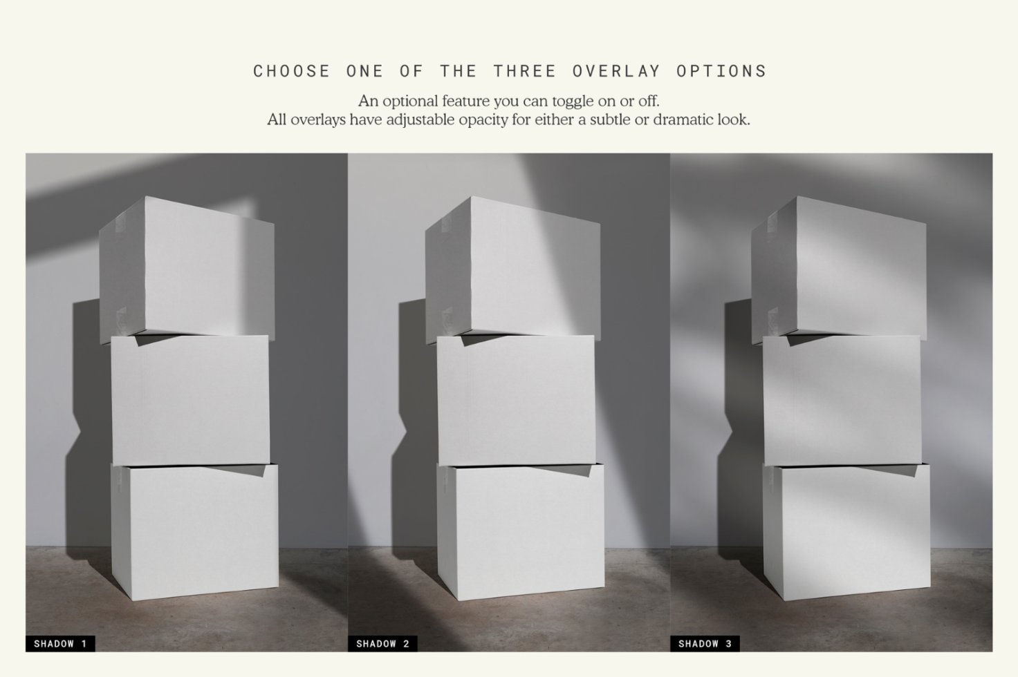 Three white box mockups in different shadow styles for product display, adjustable opacity, perfect for presentation or portfolio design.