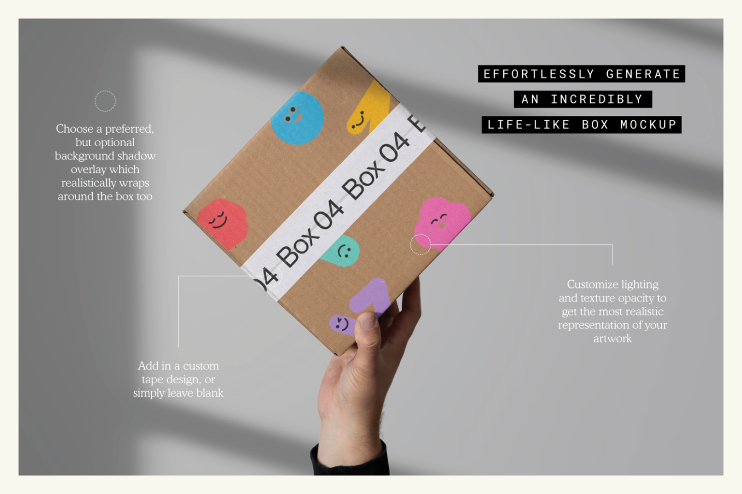 Person holding a cardboard box mockup with colorful smiley designs for product packaging presentation, customizable shadows and textures.