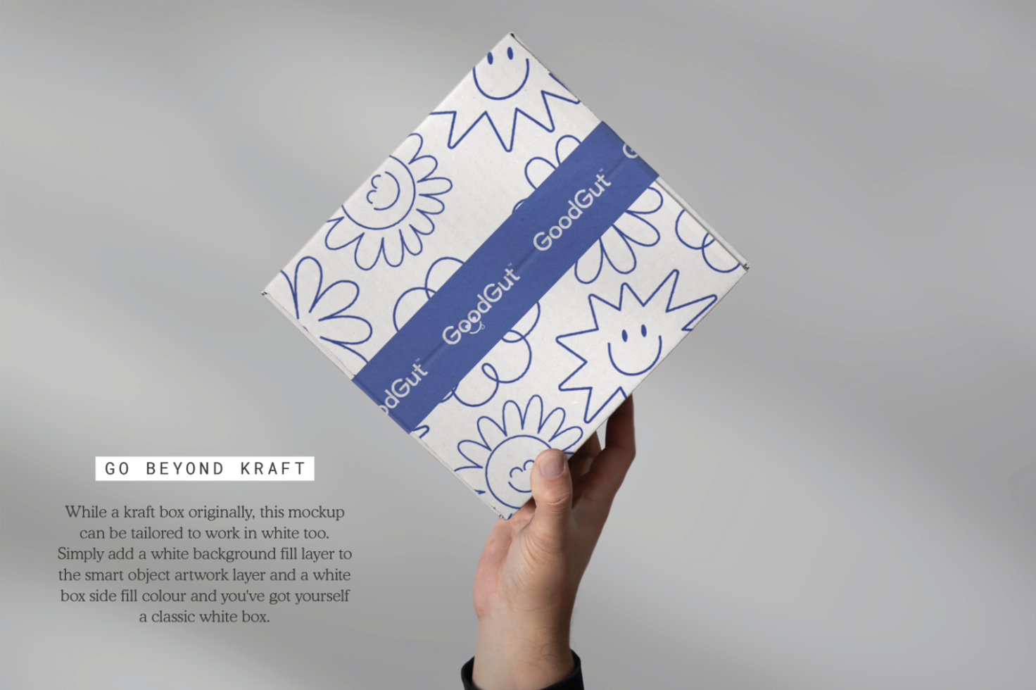 Hand holding a patterned product box mockup with customizable design, ideal for presentations in packaging and branding categories.