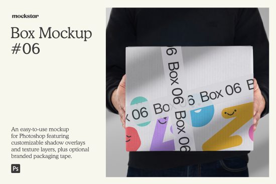 Person holding a box mockup with colorful design elements, suitable for Photoshop, ideal for product packaging presentations in mockup category.