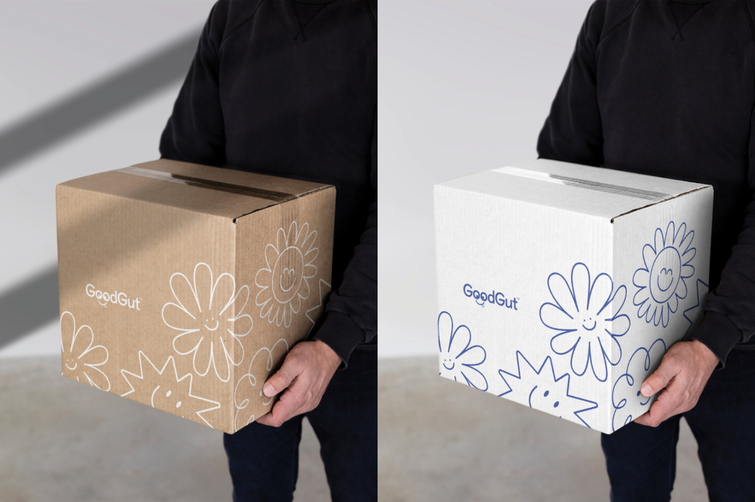 Person holding package with floral design, ideal for mockups, branding, and package design, in a split view showcasing different color schemes.