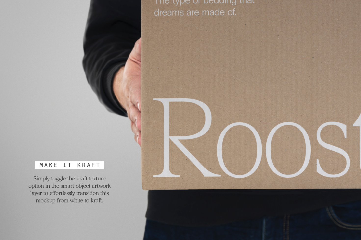 Person holding a kraft paper mockup with white text design, ideal for showcasing packaging and branding designs to clients.