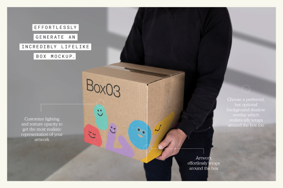 Person holding customizable cardboard box mockup with fun cartoon graphics, perfect for packaging design presentations.