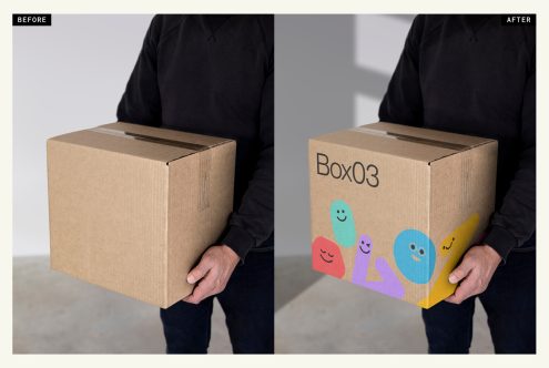 Person holding a plain cardboard box before and same box with colorful character graphics after. Perfect for mockup and packaging design.