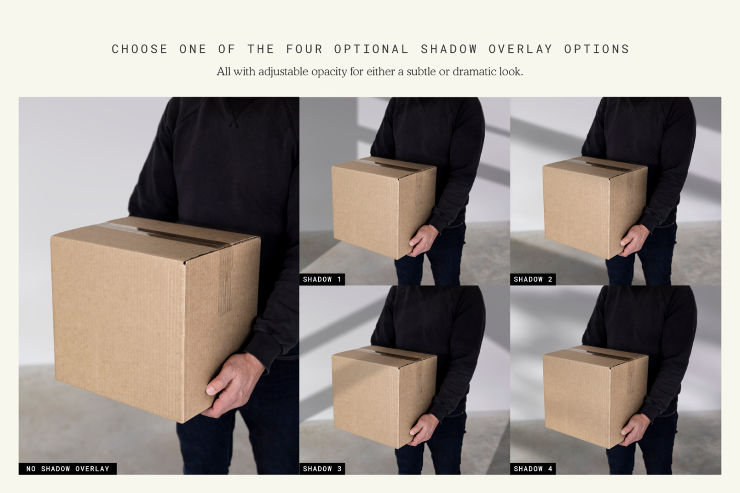 Man holding cardboard box with four shadow options for product mockup design, highlighting adjustable opacity for versatility in presentations.