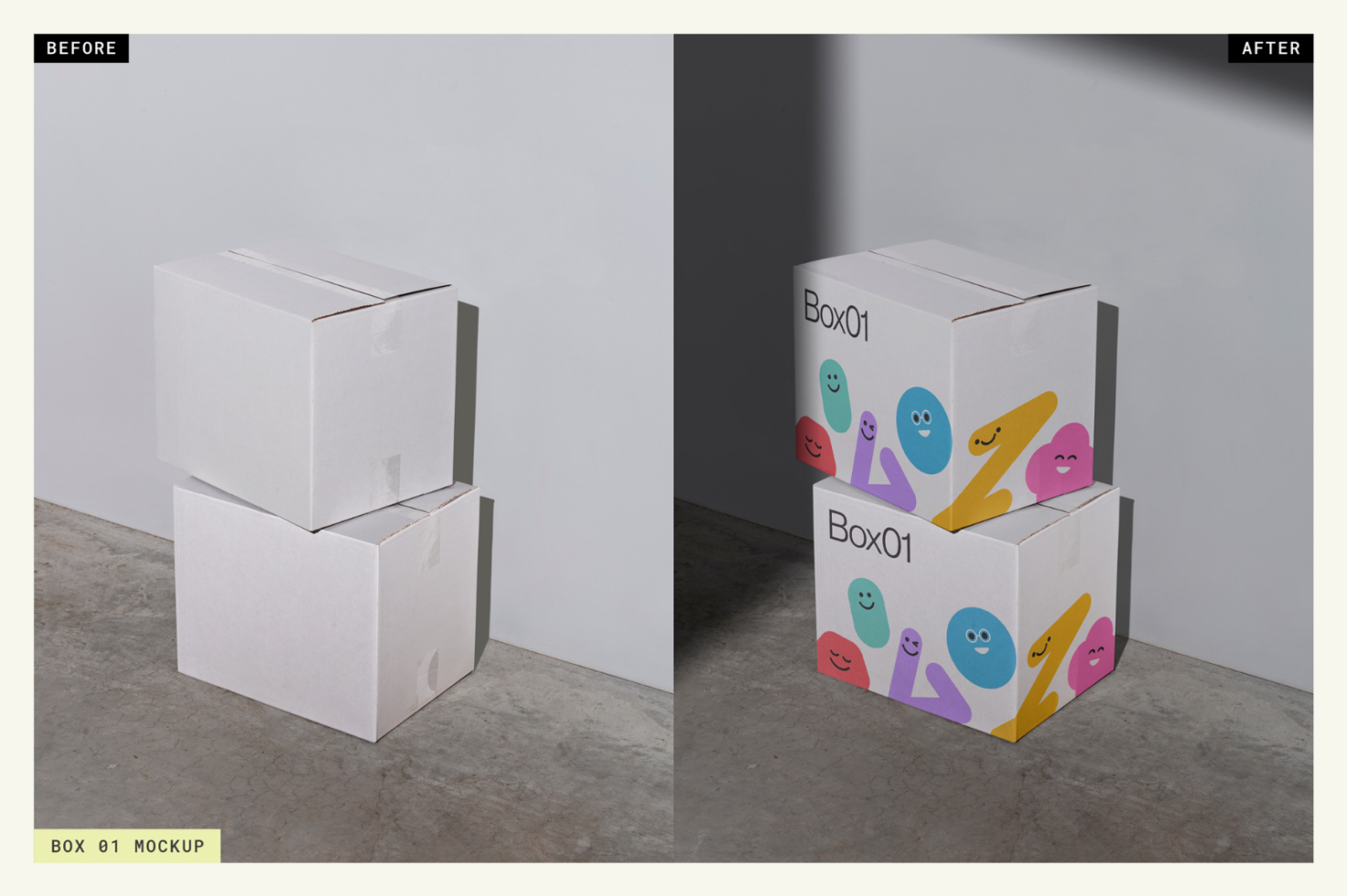 Stack of two blank white boxes before and same boxes with colorful character design after, showcasing packaging mockup transformation for designers.