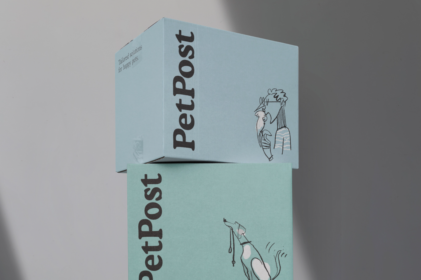 Minimalistic pet product packaging mockup with playful illustrations, light shadows, and soft colors for showcasing branding designs.