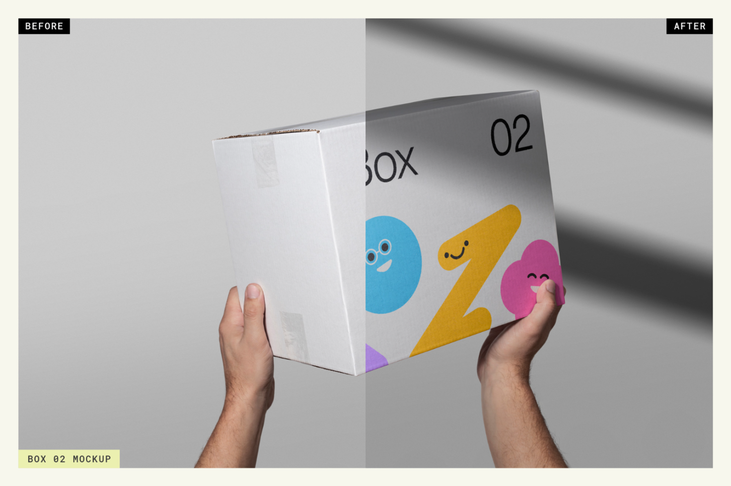 Hands holding a plain box on the left and a branded box mockup on the right, showcasing before and after package design in a split image.