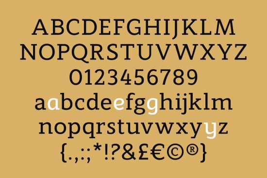 Elegant serif font typeface sample with uppercase, lowercase, numbers, and symbols on mustard background for graphic design and typography.