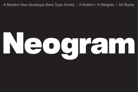 Modern Neo-Grotesque Sans Serif Font Preview Neogram with various weights and styles for design and typography.