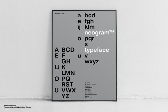 Modern Neogram typeface poster mockup displaying alphabet design for font showcase, ideal for designers seeking bold sans-serif fonts.