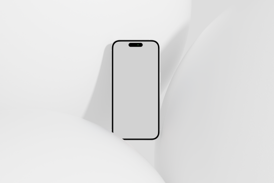 Minimalist smartphone mockup with shadow overlay for app design presentations, digital assets marketplace, sleek mobile device display.