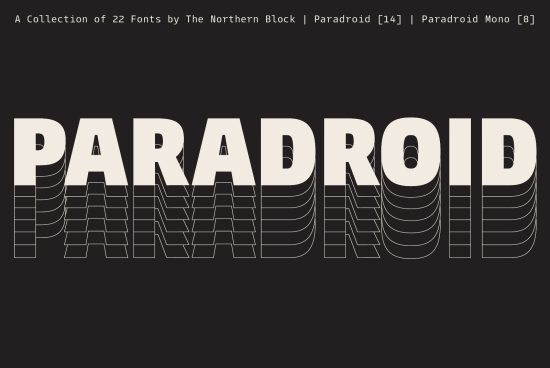 Font design showcase of Paradroid, a modern, geometric typeface from The Northern Block, featuring layered lines and a sleek structure.