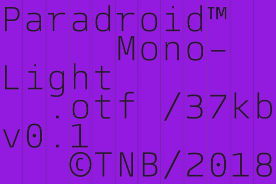 Purple background showcasing Paradroid Mono Light font sample for designers, a sleek modern typeface digital asset.