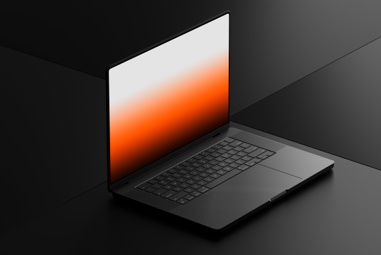 Laptop with gradient screen mockup on a dark surface for tech presentation, suitable for digital asset designers.