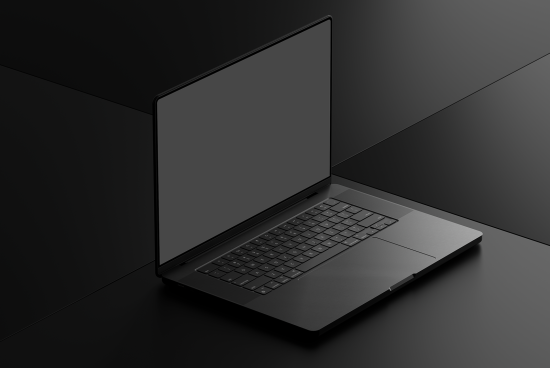 Laptop mockup on a dark reflective surface, minimalist design for tech presentations, digital device template for showcasing UI/UX designs.