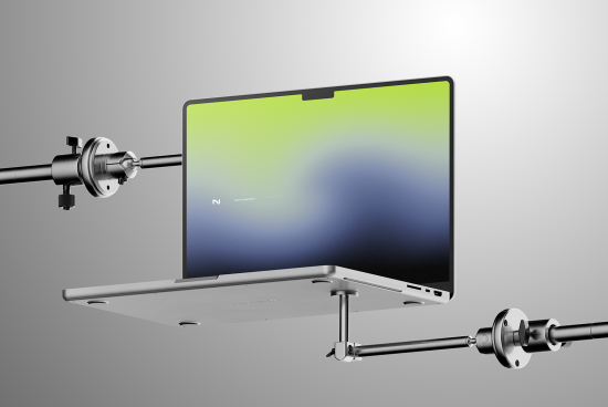 Modern laptop side view mockup on a stand with adjustable metal arm against a gray background for product display design assets.