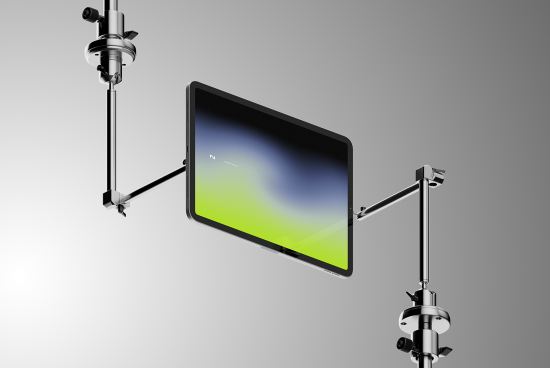 Realistic mockup of a floating tablet with a sleek display, adjustable arm and clamps, isolated on a grey background for digital product presentations.