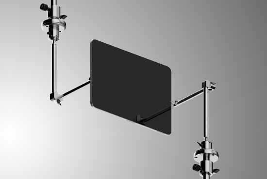 Elegant floating monitor mockup with adjustable arm, sleek modern design, ideal for presentations and UI/UX design showcases.