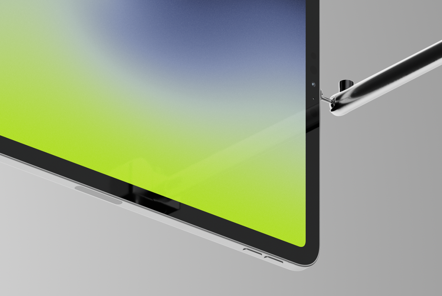 Tablet mockup with stylus on gray background, modern design, high-resolution digital display, perfect for showcasing UI/UX designs.