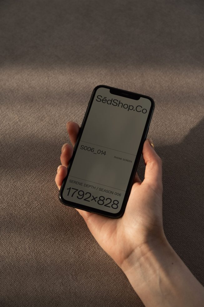 Hand holding smartphone with blank screen mockup for app design presentation, on a textured surface with natural lighting.