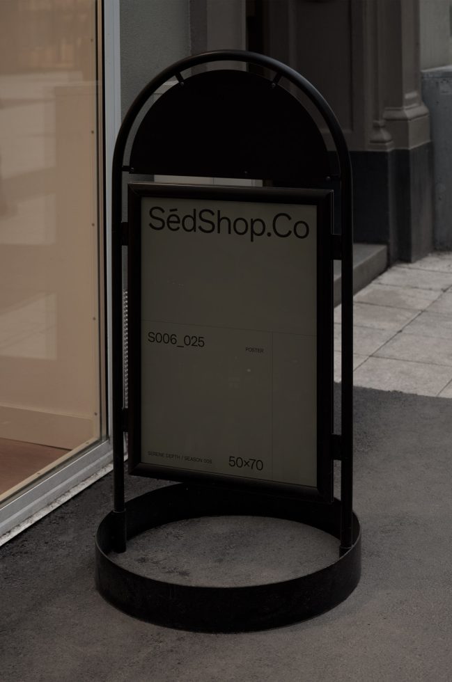 Elegant outdoor signage mockup on city sidewalk for branding and design presentations, featuring a sleek black frame and customizable poster space.