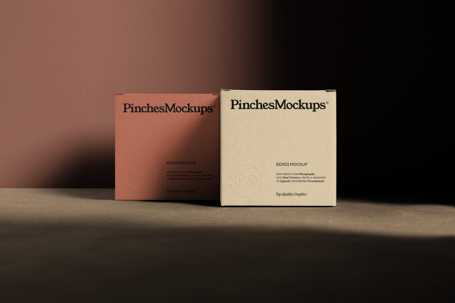 Two realistic packaging box mockups in neutral tones on a stylish background, ideal for product presentation and design showcase.