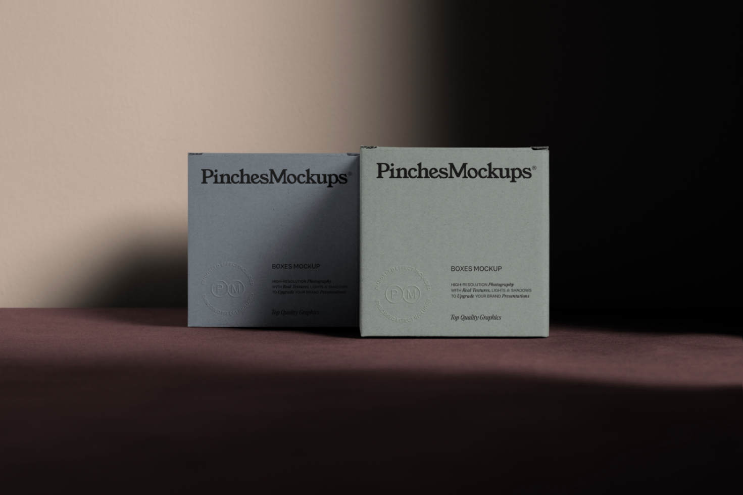 Two packaging box mockups on shadowed surface, realistic product presentation, high-quality graphic design asset for user engagement.